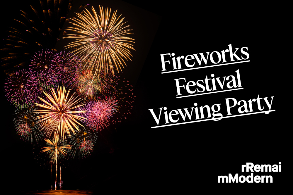 Bright pink and gold fireworks burst in a dark sky. Text on the right says "Fireworks Festival Viewing Party".