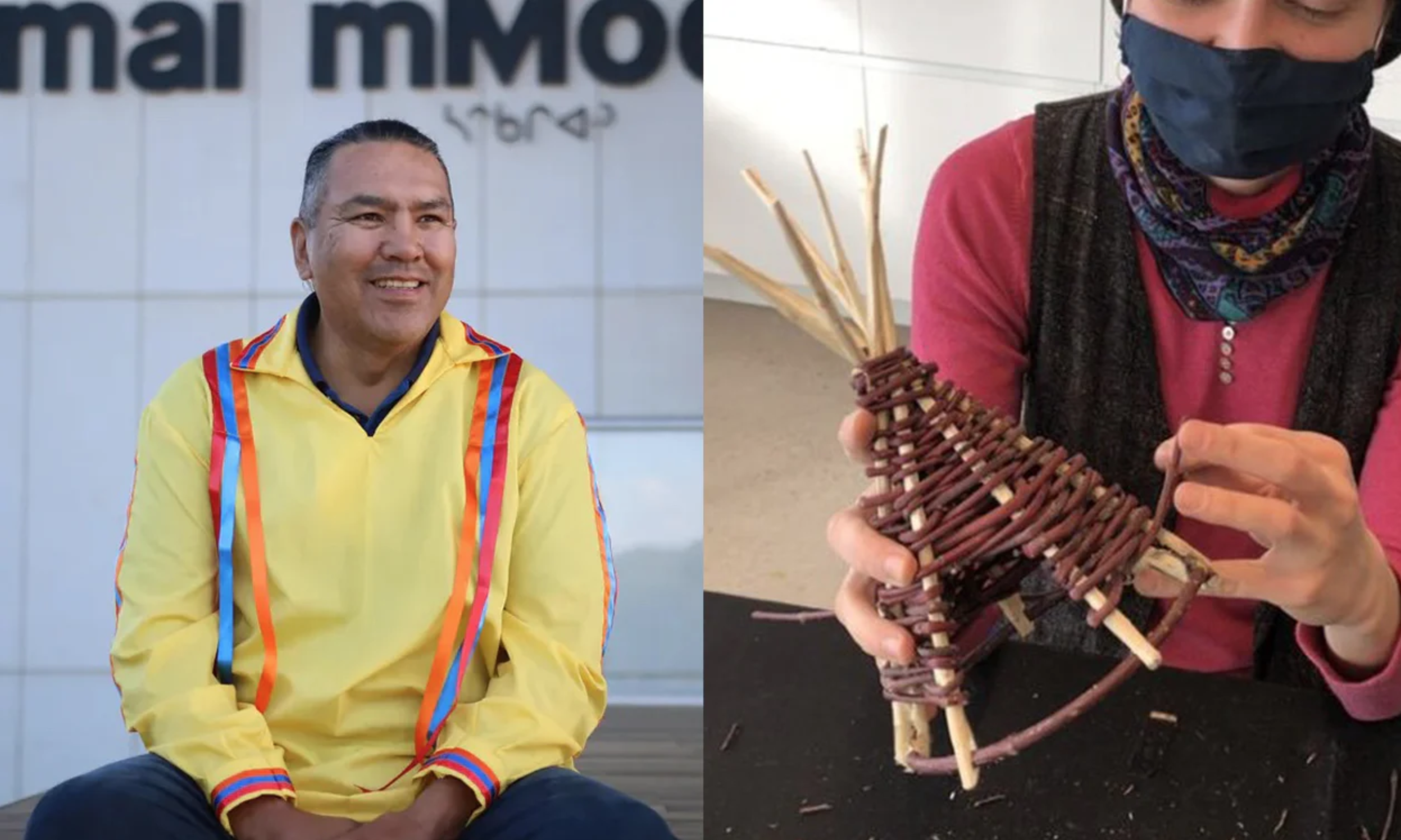 Left: Lyndon J Linklater. Right: A participant shows their red willow tipi.