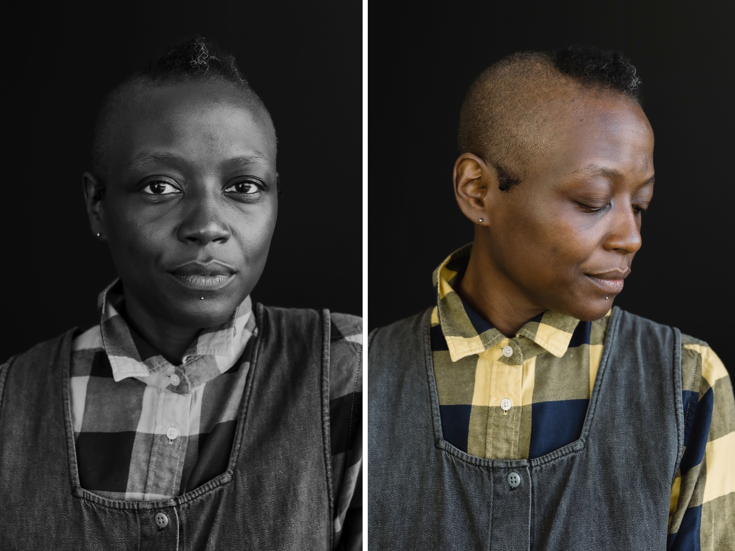 Two side-by-side portraits of artist taisha paggett. On the left, a black and white image shows the artist looking directly at the camera. On the right, the image has her looking down and to the right. She is wearing a black and yellow-check shirt and black, wide-strapped overalls.