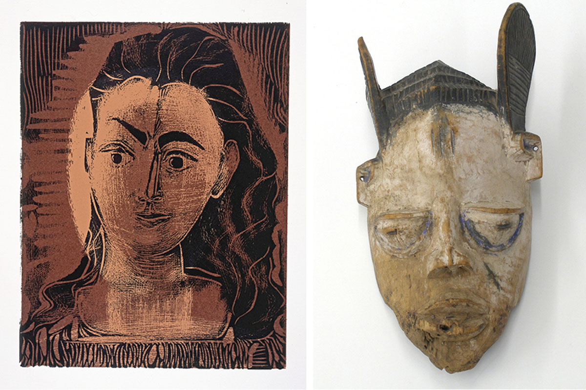 Left: Pablo Picasso, Portrait de Jacqueline en robe Imprimu00e9e, 1962, linocut printed in colours, 35 x 27 cm. Collection of Remai Modern. Gift of the Frank and Ellen Remai Foundation, 2012. u00a9 Picasso Estate / SOCAN (2021). Right: Unrecorded Yoruba (?) artist (Nigeria), mask, probably 20th century, wood, pigment. The Mendel Art Gallery Collection at Remai Modern. Bequest of Nicholas S. Gyenes, 1985.