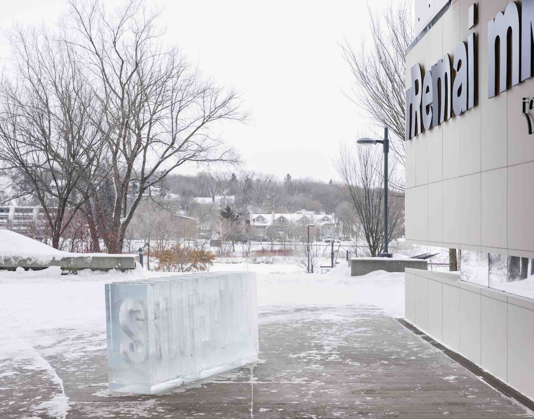 Rebecca Belmore and Osvaldo Yero, Freeze, 2006/2019, carved ice blocks, dimensions variable. Installation view, Rebecca Belmore: Facing the Monumental, Remai Modern, Saskatoon, 2019.