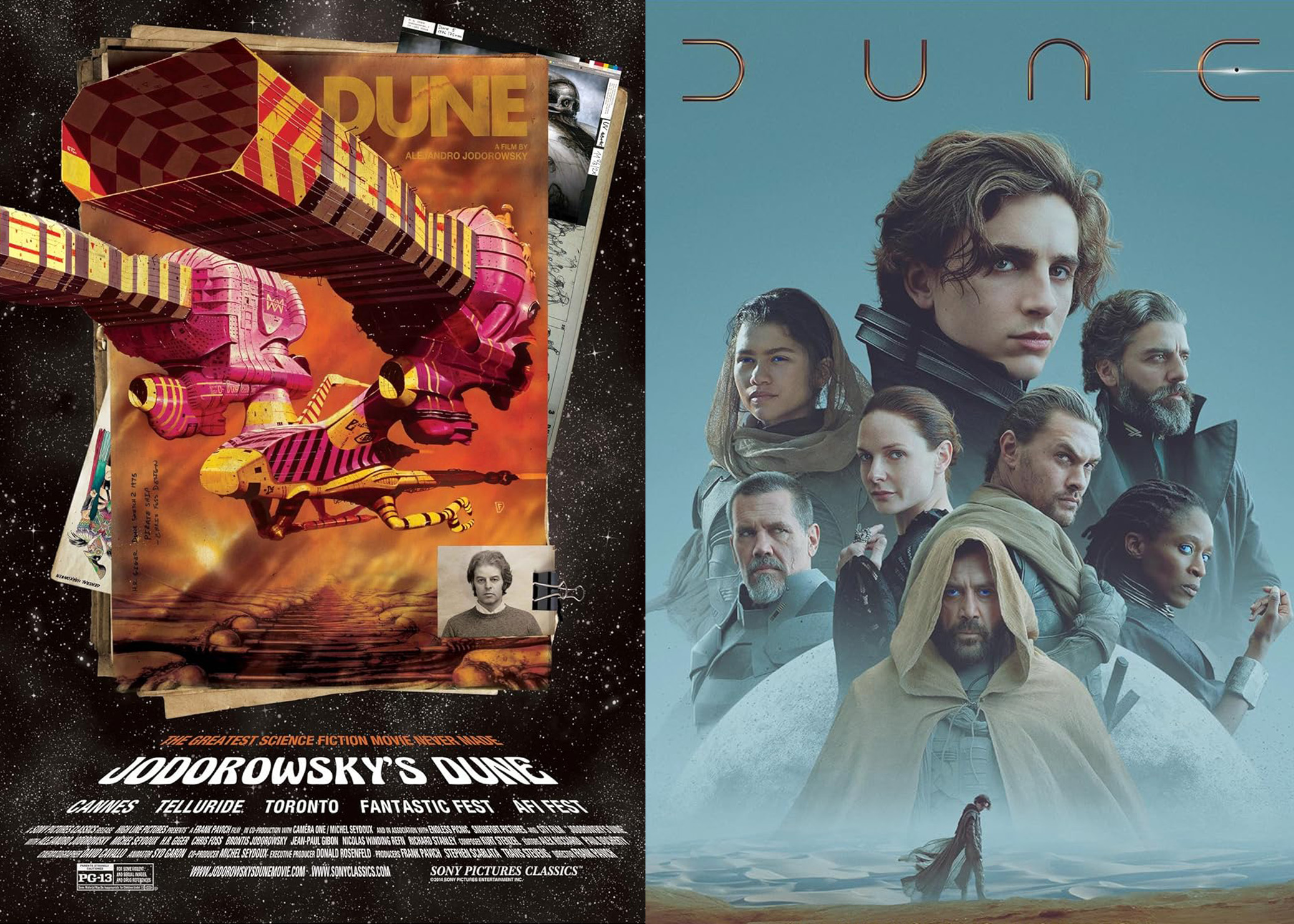 Left: Jodorowsky's Dune (2013) film poster. Right: Dune (2021) film poster.