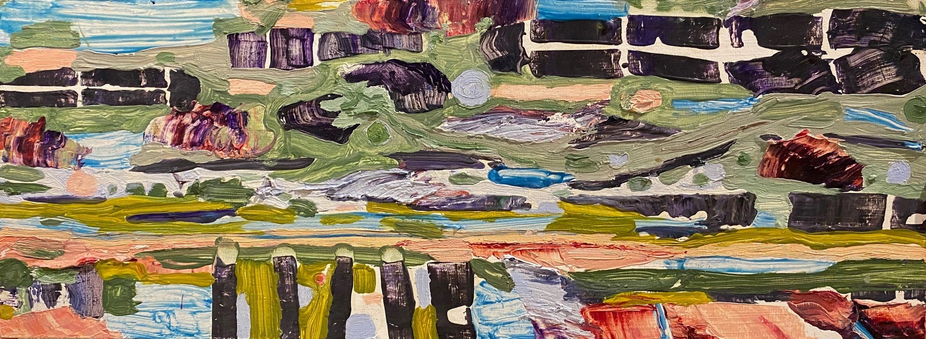 A multicoloured landscape painting by artist Nancy Lowry.