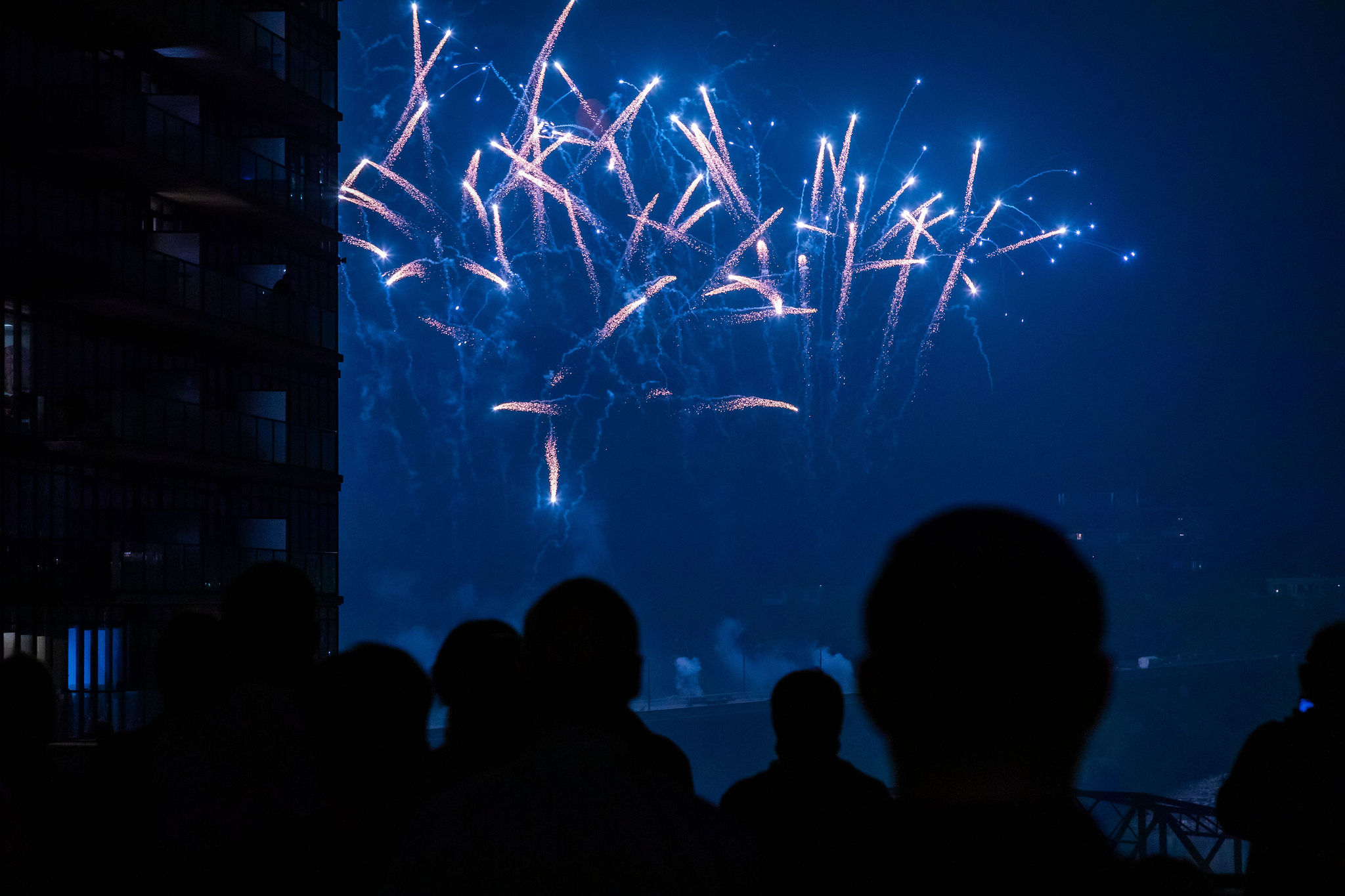 A group of people watch fireworks from Remai Modern's balcony