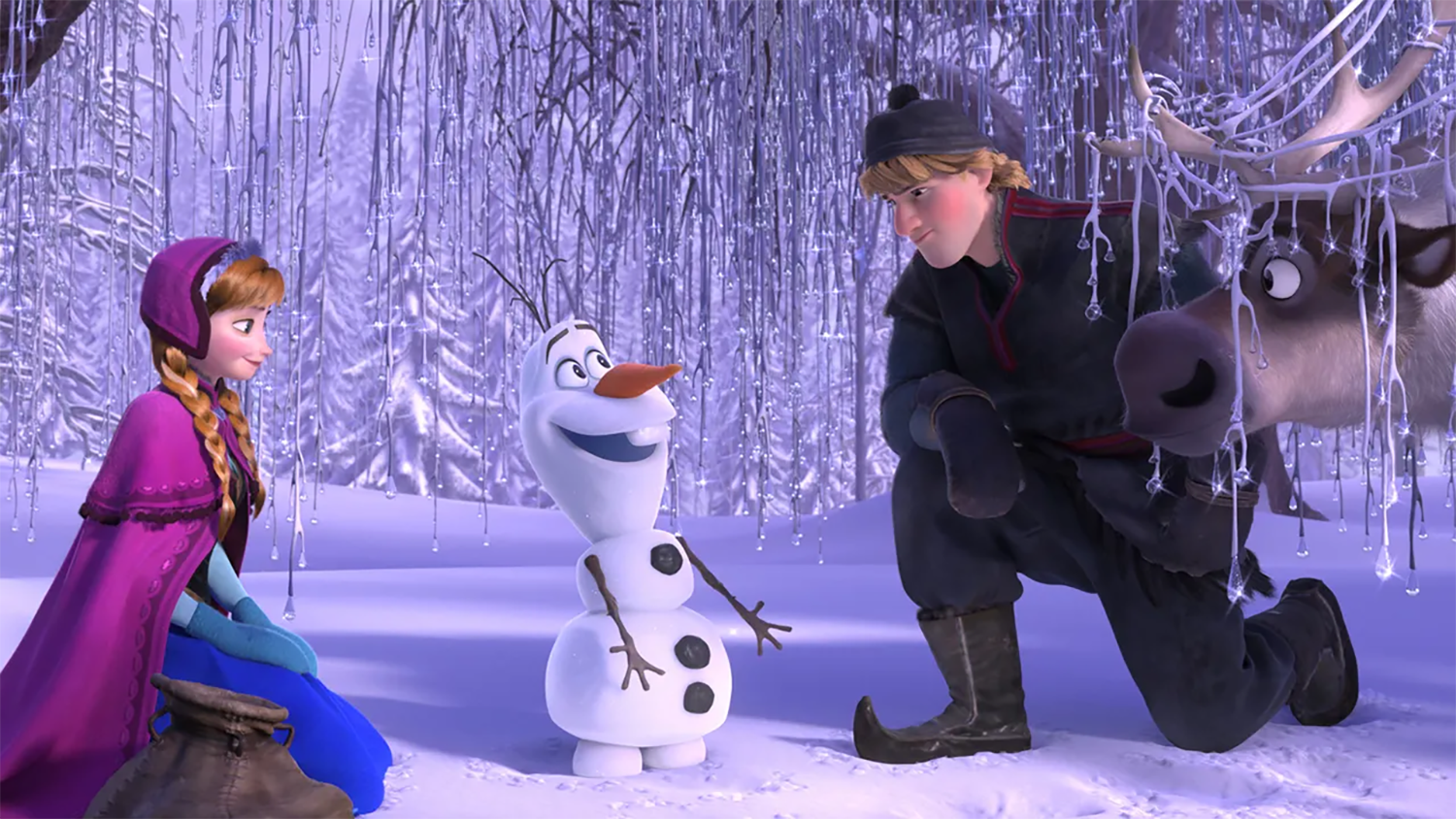 "Animated characters in a snowy forest, including a girl, a snowman, a man, and a reindeer."