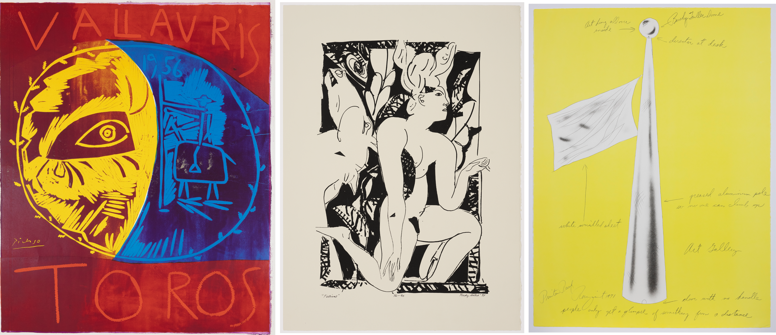 **"A triptych of three artworks: On the left, a colorful artwork features a mask-like face split into two contrasting halves—one in bright yellows and oranges, the other in deep blues and purples. The word 'TOROS' is written in large letters at the bottom, suggesting a theme of bullfighting. In the center, a black-and-white artwork shows an abstract depiction of a kneeling nude figure surrounded by intricate, patterned shapes. The bold, expressive lines emphasize the human form and its movement. On the right, a minimalist artwork features a bright yellow background with a metallic-looking flagpole and a flag. Handwritten annotations describe elements such as 'general aluminum pole' and 'reticulated wrinkled sheet,' giving the piece a conceptual, design-draft feel."**