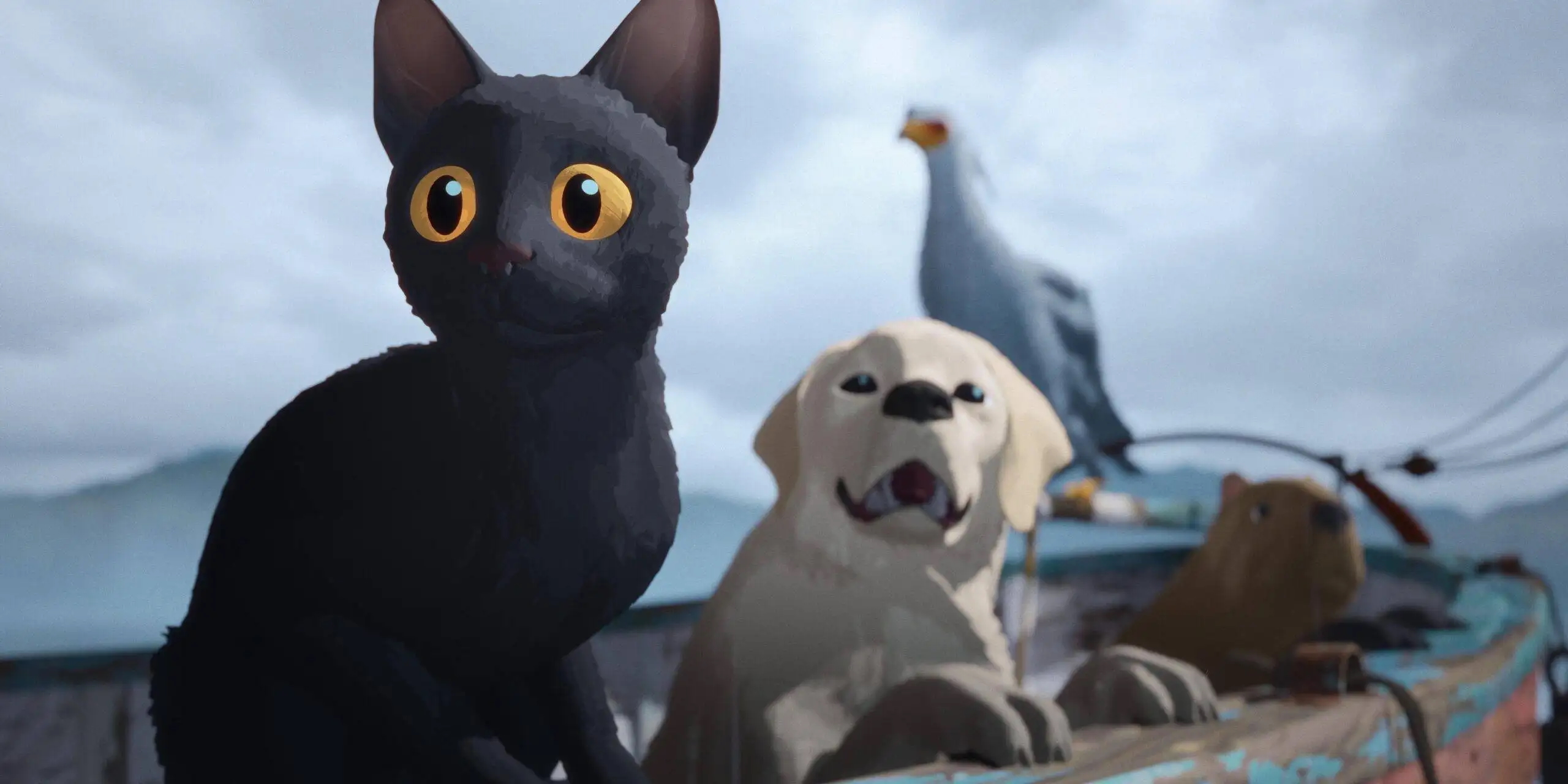 A digitally animated scene featuring a black cat with large, expressive yellow eyes sitting in the foreground of a small boat. Surrounding the cat are a yellow Labrador retriever, a seagull perched behind them, and a capybara. The background showcases a misty, mountainous seascape under a cloudy sky, suggesting an adventurous and serene setting. The animals appear alert and curious, as if anticipating something intriguing.