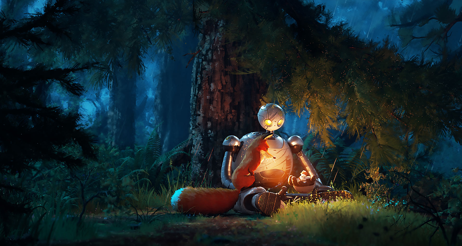 A robot and fox sit under a tree in a forest, illuminated by a warm light from its chest. The scene is serene and surrounded by lush greenery.