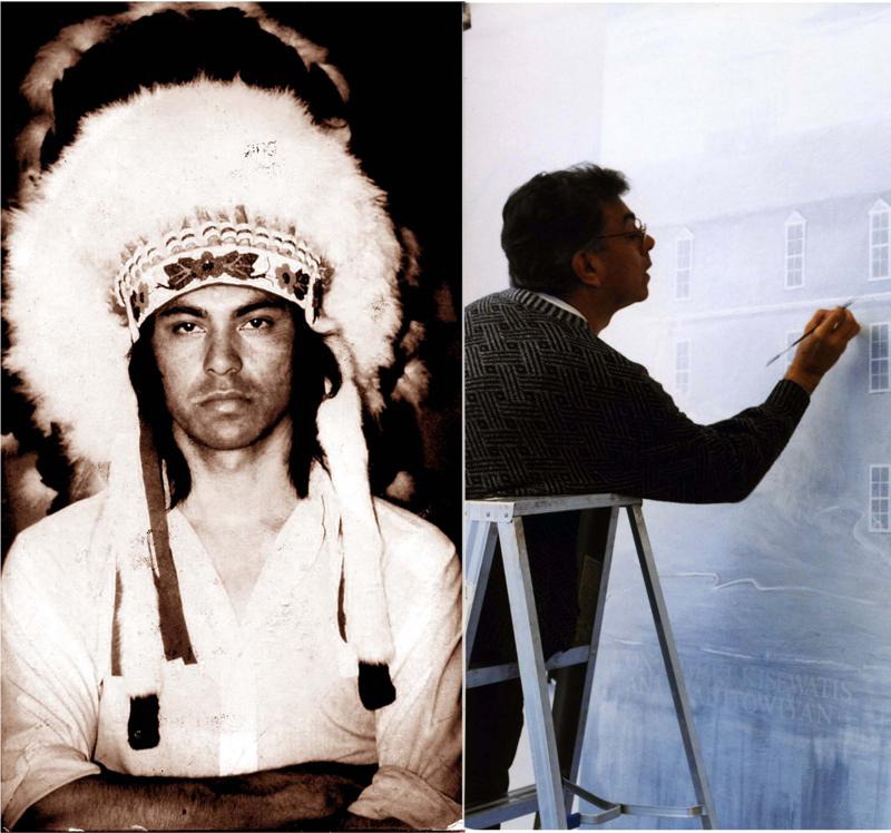 A split image featuring artist Robert Houle. On the left side, a sepia-toned portrait of Houle as a younger man shows him wearing a traditional Plains-style feathered headdress and a white shirt, staring directly at the camera with a solemn expression. On the right side, a more recent colour photo shows Houle in profile, seated on a step ladder while carefully painting a light blue-toned architectural scene on a large vertical canvas. He wears glasses and a patterned sweater, deeply focused on his work.