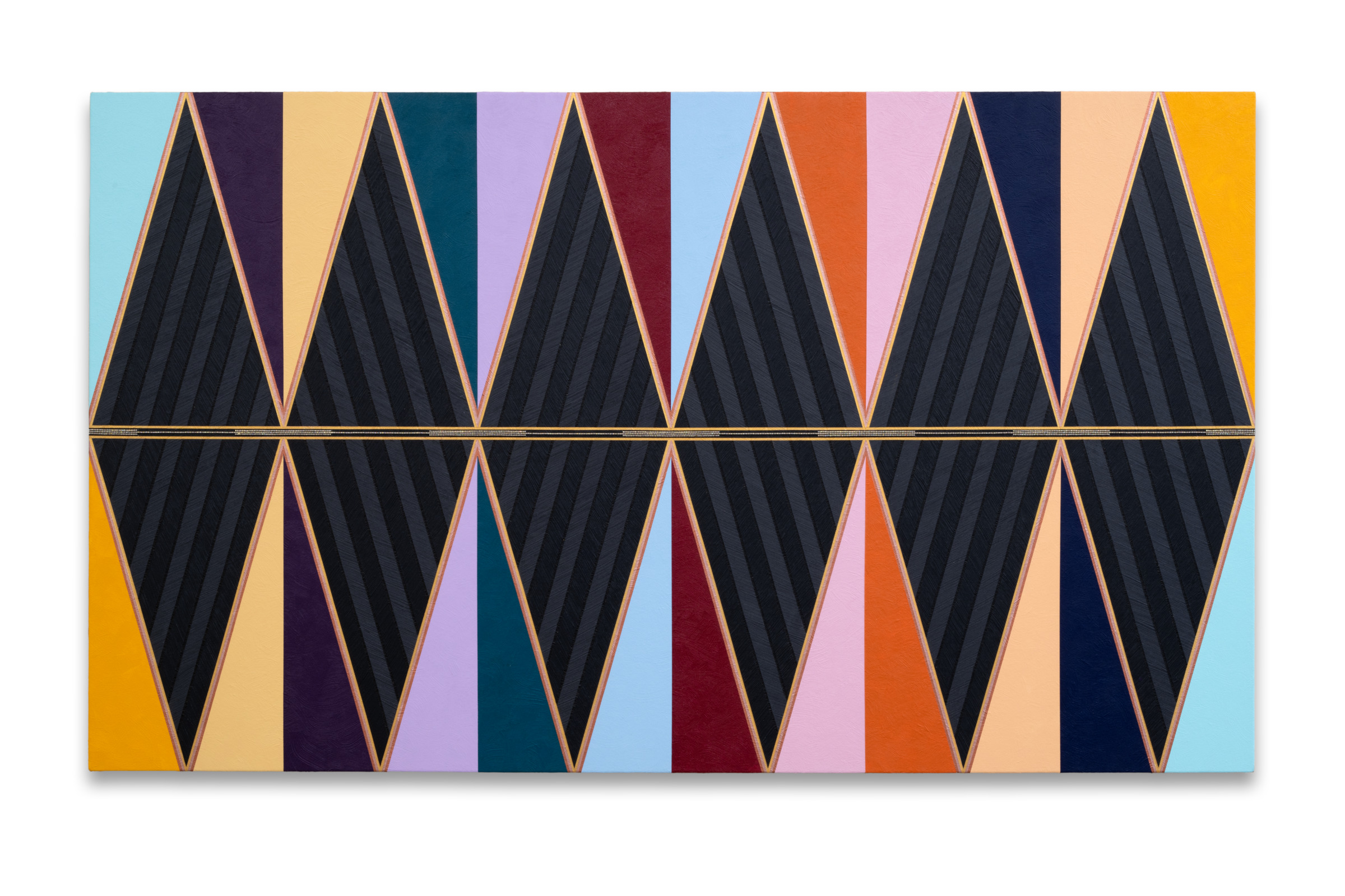 A symmetrical abstract artwork with striped black diamond shapes outlined in peach, set against alternating colourful vertical panels.