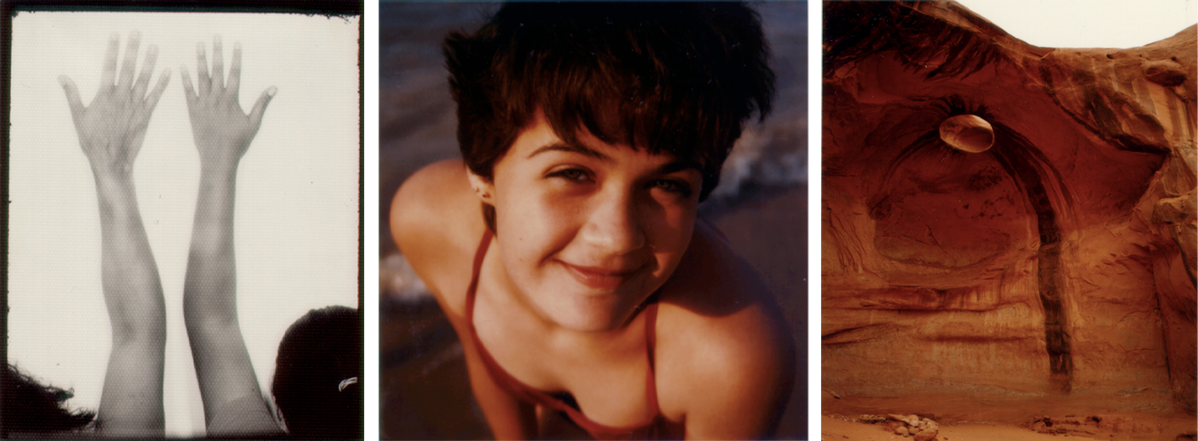 Triptych of photographs: on the left, two raised arms and hands photographed in black and white; in the center, a close-up color portrait of a smiling person in a swimsuit at the beach; on the right, a color photograph of a red rock cave formation with a circular opening above.