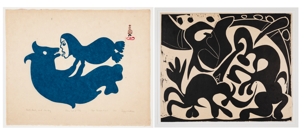 Two side-by-side prints. On the left, a blue stonecut print depicts a mystical figure with a human face, mermaid-like body, and a fish tail, interacting with a sea creature resembling a dog with an open mouth. On the right, a bold black-and-white abstract print shows interwoven organic shapes and figures, including animals and human-like forms, arranged in a dynamic composition.