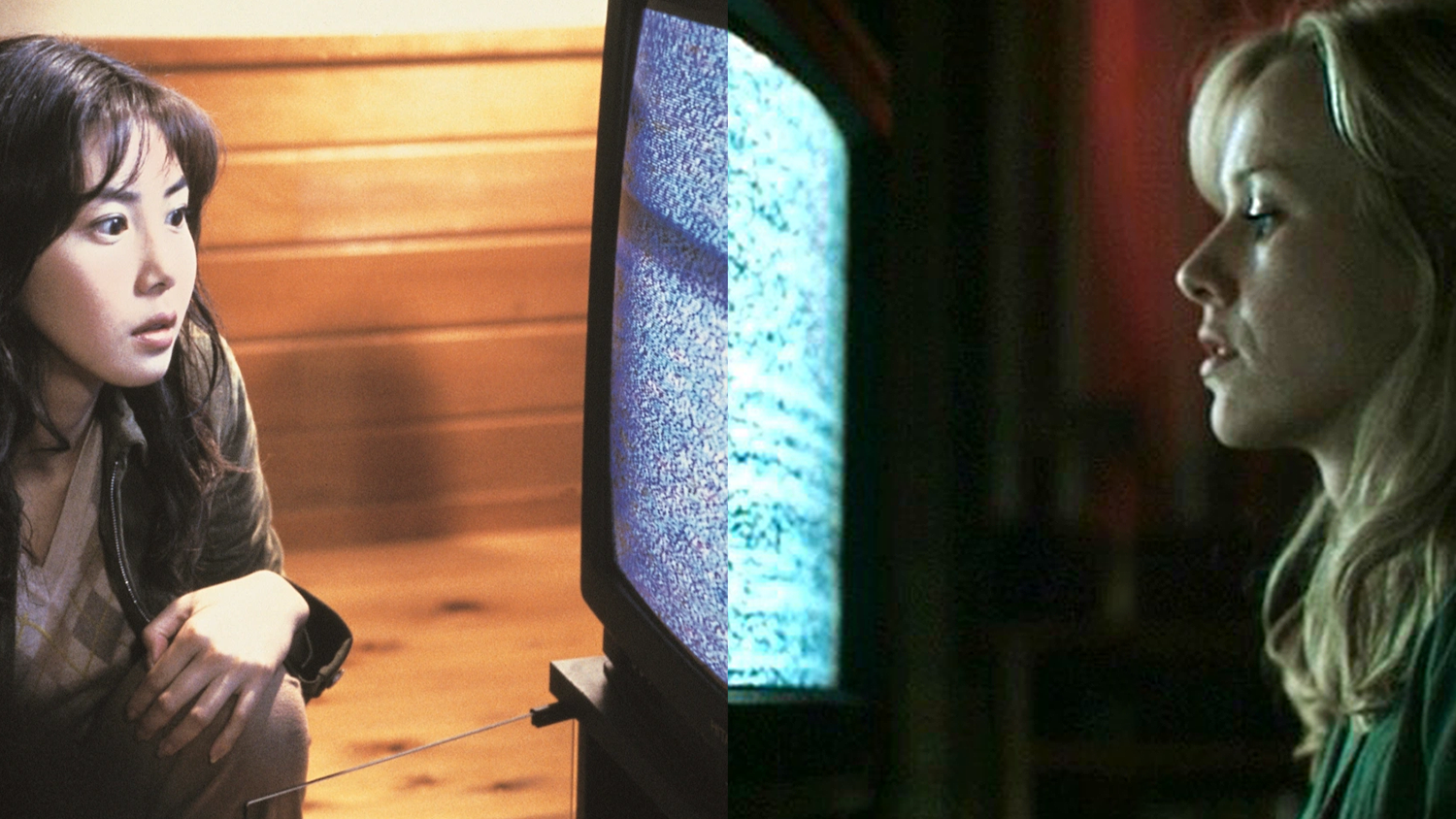 Split-screen showing two women from different films staring at static-filled television screens. On the left, a Japanese woman crouches beside a TV in a warmly lit wooden room, her face tense with curiosity. On the right, a blonde woman in a dim, greenish-lit setting watches a similar screen, her expression serious and apprehensive. The static on the TV connects both sides, evoking a sense of eerie parallel.