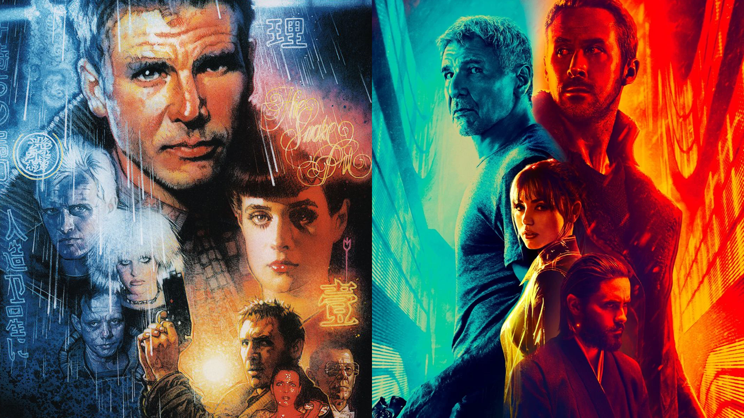 Split-screen poster showcasing the films Blade Runner (1982) and Blade Runner 2049 (2017). The left side features a retro, illustrated collage of characters from the original film in moody blue tones with rain, neon signs, and a prominent portrait of Harrison Ford as Rick Deckard. The right side shows a modern, stylized composition with photographic portraits of Ryan Gosling, Ana de Armas, Harrison Ford (older), and Jared Leto in bold blue and red lighting, evoking a futuristic aesthetic.