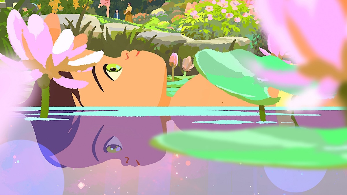An animated scene shows a young girl floating calmly on her back in a pond filled with lily pads and pink lotus flowers. Her face is half-submerged, creating a soft reflection in the water below, while her green eye gazes upward. Pastel colors and gentle light give the image a dreamy, tranquil feeling.