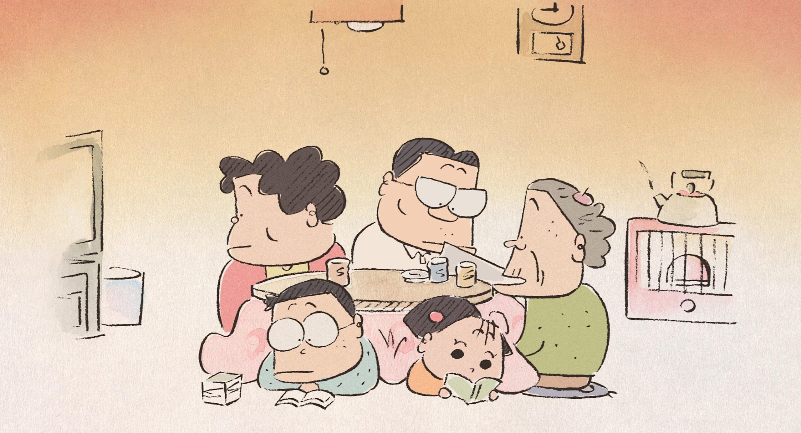 MyNeighborsTheYamadas A warm, softly colored animated illustration of a multigenerational family gathered around a low table in a cozy home. Two adults and an elderly woman sit at the table with small cups, while two children lie on the floor reading books. A television set is visible on the left, a clock on the wall, and a rice cooker on the right, evoking a quiet, everyday domestic scene.