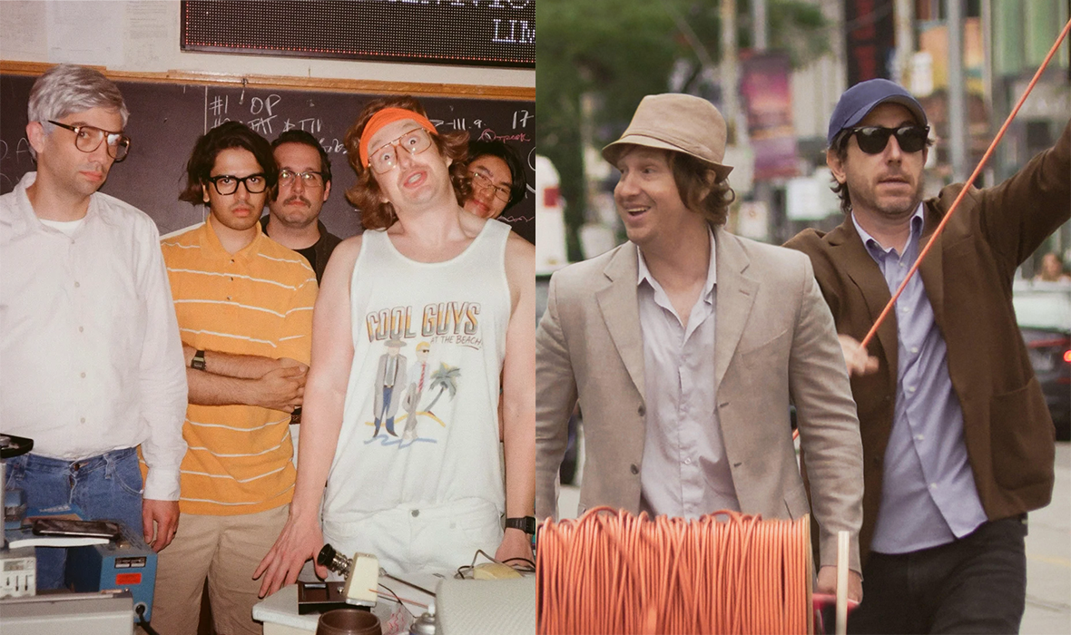 NCFD 2026 Split image: on the left, a group of men stand in a classroom in front of a chalkboard, dressed casually with glasses and retro-style clothing; on the right, two men walk along a city street, one gesturing ahead while the other smiles, with coiled cable equipment in the foreground.