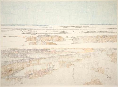 Melting Fields on the Bergheim Road A softly colored, horizontally layered landscape drawing showing a wide, flat terrain with bands of pale blues, tans, and browns, suggesting water, shoreline, and distant landforms under a muted sky.