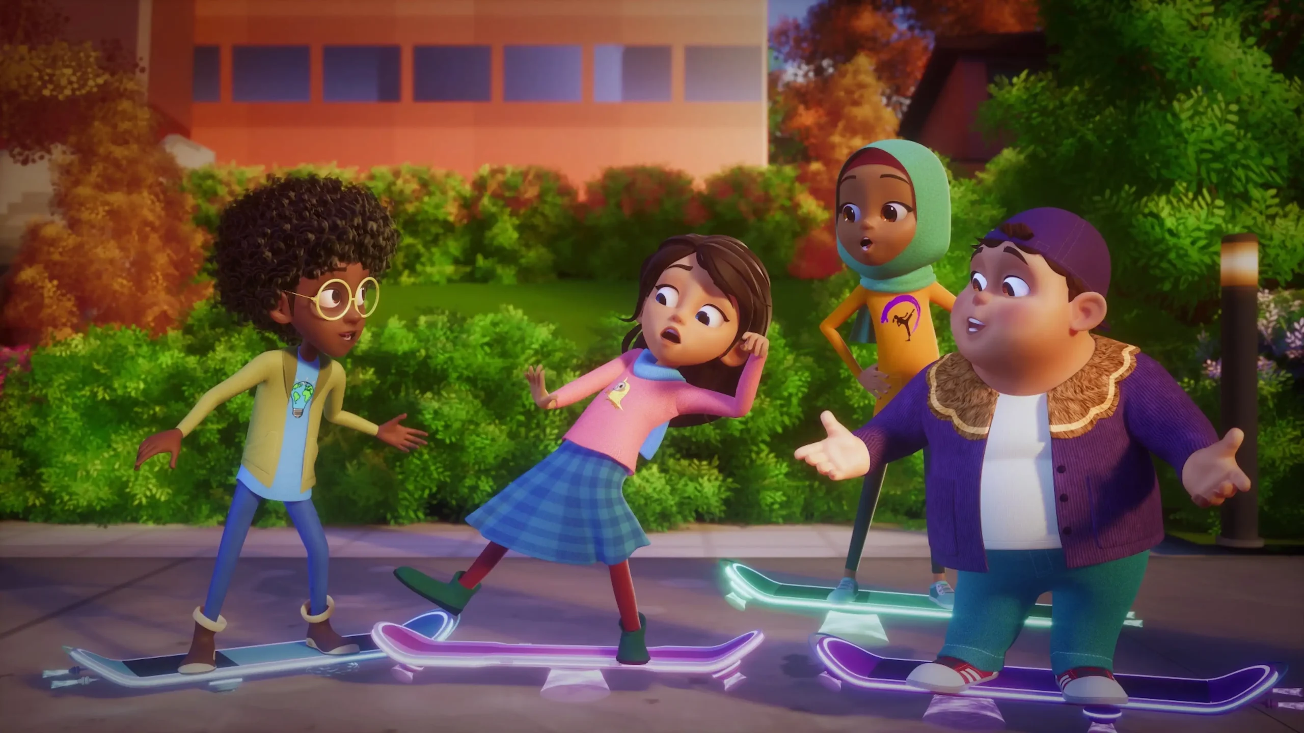 TimeHoppers Four animated children stand on glowing hoverboards on a suburban sidewalk, all looking surprised or startled. The group includes a child with curly hair and round glasses in a yellow jacket, a girl in a pink top and plaid skirt, a child wearing a green hijab and yellow t-shirt, and a boy in a purple cardigan.