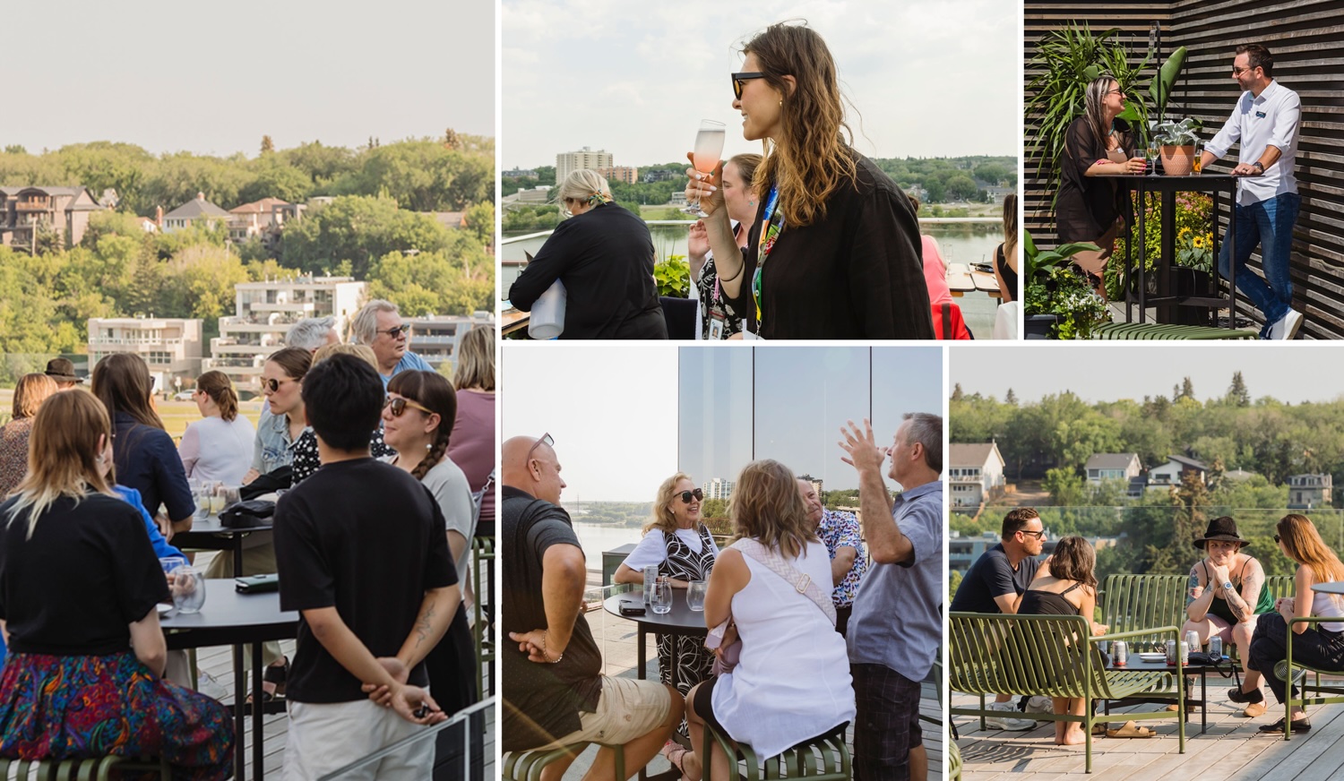 A collage of five photos from Happy Hour at the Museum on Remai Modern's rooftop patio. Top left: a crowd of guests mingles at high-top tables with Saskatoon's tree-lined riverbank neighbourhood in the background. Top centre: a guest holds a pink cocktail with the South Saskatchewan River visible behind her. Top right: two guests chat over drinks beside plants and wooden patio screens. Bottom centre: a group of guests laugh and gesture around a table with glass railings and river views beyond. Bottom right: guests relax in green patio chairs on the rooftop deck overlooking the city's west side.