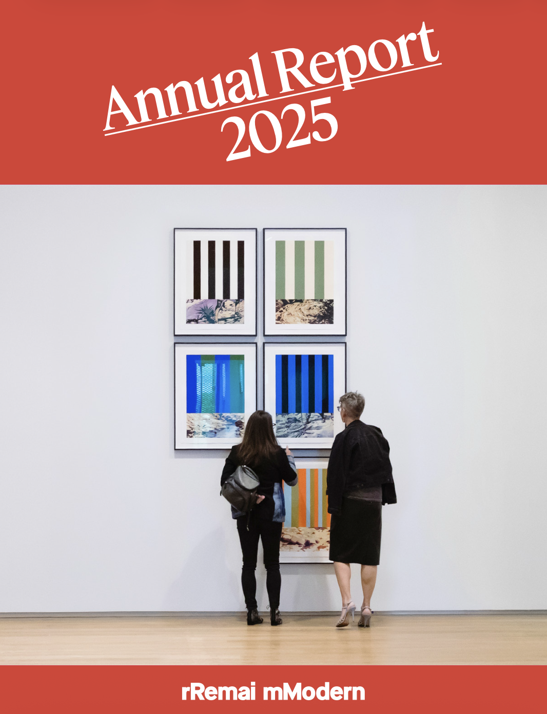 Remai Modern 2025 Annual Report cover. Two people stand viewing a grid of five framed striped prints mounted on a white gallery wall.