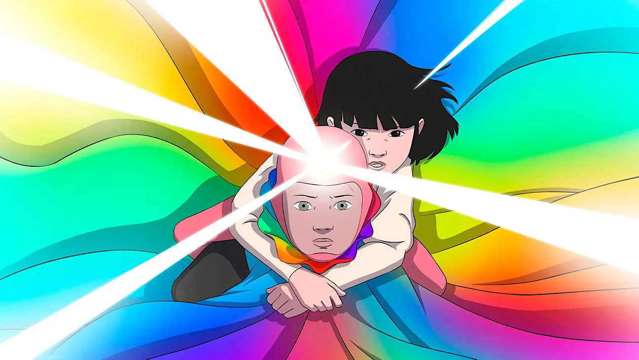 Animated illustration of one person carrying another against a vivid rainbow background, with bright white beams of light radiating from the foreground figure's forehead.