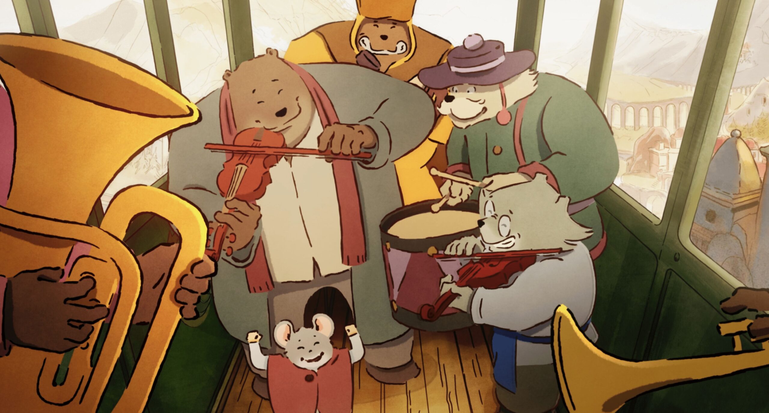 Animated animals play violins, drums, and brass instruments together inside a train car, while a small mouse raises its arms in delight.