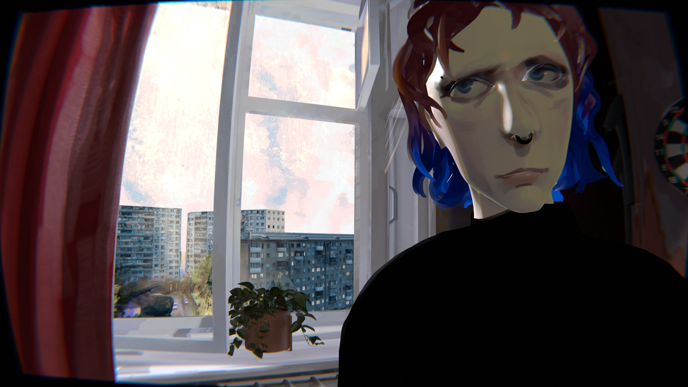 Stylized digital portrait of a person with blue hair and a nose ring standing beside an open window, with apartment buildings and a potted plant visible outside.
